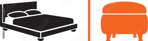 Foto Vector icon layout featuring a solid black double bed with pillows on the left and an orange upholstered armchair or ottoman on the right, separated by a vertical orange line