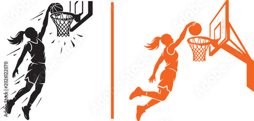 Obraz na plátně Minimalist vector graphic showing a black female basketball player mid-air dunking on the left, separated by a vertical orange line from an orange player scoring a layup on the right