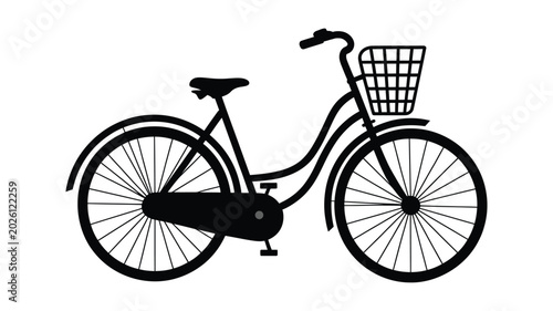 Foto Vintage lady bicycle silhouette with front basket and rear mudguard chain cover standing profile isolated on transparent background