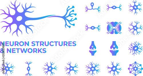 Foto Neuron structures and networks icons set modern gradient design.