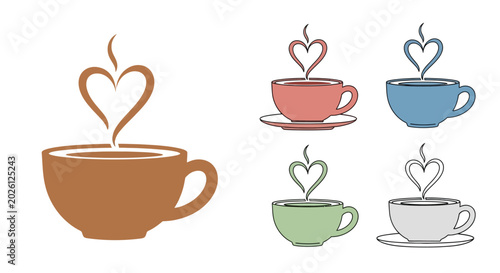 coffee cups with heart shaped steam on white background high quality