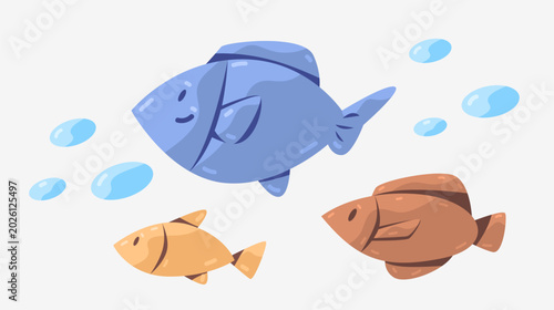 Cute Tropical Fish Illustration. Group of Three Cartoon Sea Fishes in Flat Style