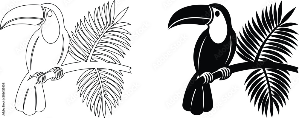 Fototapeta premium Toucan bird perched on branch with tropical leaf outline and silhouette.