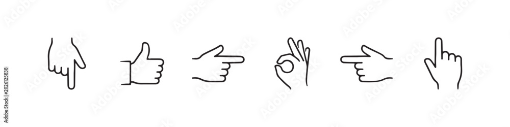 Fototapeta premium Vector icons of various hand gestures in a clean, hand-drawn outline style, featuring a pointing index finger, OK sign, left-pointing hand, thumbs up, downward-pointing hand, and a right-pointing hand