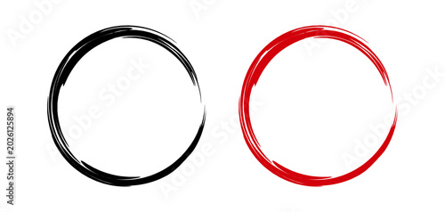 Circle brush stroke Chinese boarder. Red, Black circular border isolated on white background. Japanese frames. Round calligraphy China pattern. Paint element. Drawn design prints. Vector illustration