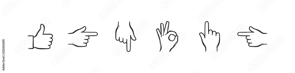 Fototapeta premium Vector icons of various hand gestures in a clean, hand-drawn outline style, featuring a pointing index finger, OK sign, left-pointing hand, thumbs up, downward-pointing hand, and a right-pointing hand