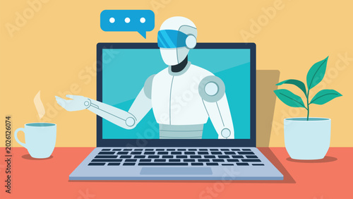 Vector of a chatbot on a laptop screen in an office. Conversion with an AI virtual agent. An AI robot on a laptop screen. A speech bubble is located next to its head.