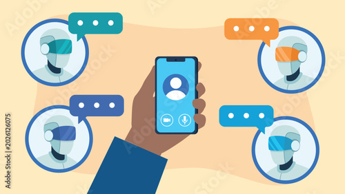 Vector of a hand holding a phone and connecting to virtual AI agents. Chatbot avatars appear around the hand along with speech bubbles. All robots have different colored visors.