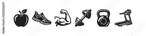 Tableau sur toile Vector icons representing fitness, bodybuilding, and a healthy lifestyle in a clean black silhouette style