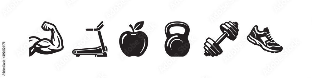 Fototapeta premium Vector icons representing fitness, bodybuilding, and a healthy lifestyle in a clean black silhouette style. The set features a flexing bicep with a wristband, a treadmill, a running sneaker, a crossed