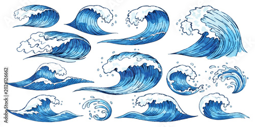 Foto Set of blue ocean sea waves with white foam in hand drawn sketch style isolated