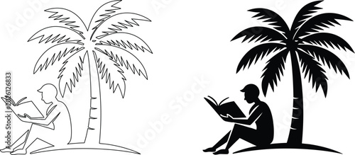 Foto Man reading under palm tree vector illustration outlines and silhouettes isolated on transparent background
