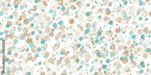 Abstract circles in shades of teal, tan, and gold scattered across white back...