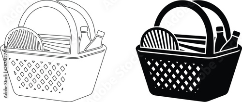 Bild auf Leinwand Picnic basket with food and drinks design in outline and silhouette vector format