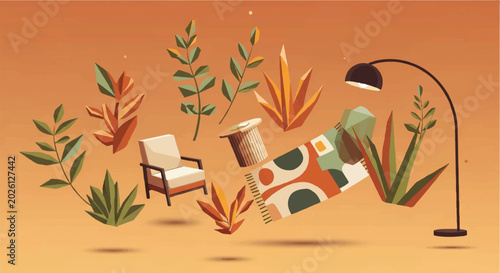 фотографія Stylized interior illustration with furnishings and foliage