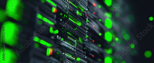 AI server rack lights blurring into futuristic data center hallway