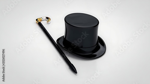Black top hat and cane with gold handle on light gray background