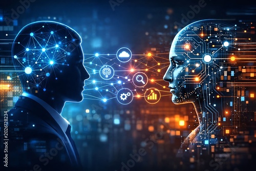  conceptual design of digital nodes linking human silhouettes with AI systems, symbolizing collaboration