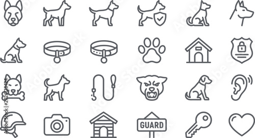 Photos Guard dog line icons set representing security protection training kennel collar