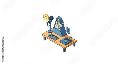 An isometric illustration of a music production desk with a metronome and microphone