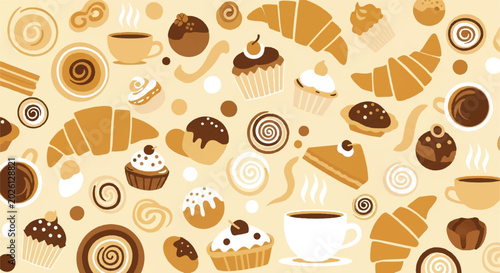 Bakery delights illustration assorted pastries and coffee on cream background