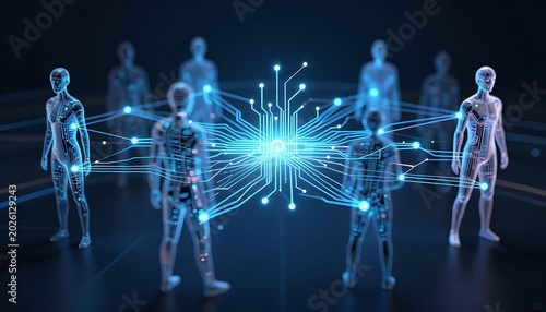  conceptual design of digital nodes linking human silhouettes with AI systems, neon circuitry, glowing connection points
