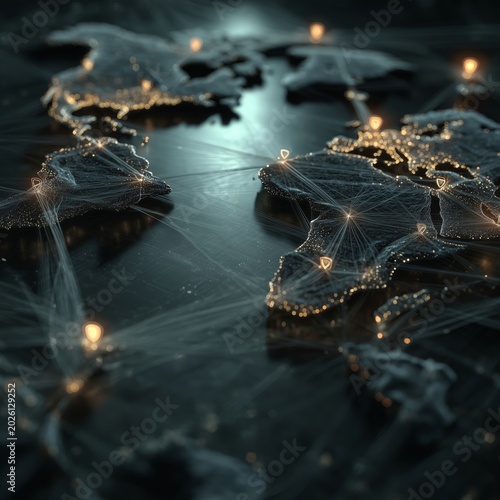 Global Network Connection on 3D Digital World Map with Glowing Pins