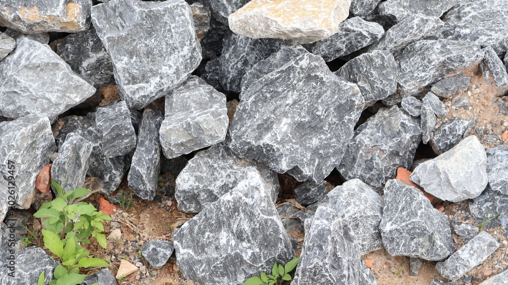 Fototapeta premium Pile of rough gray stones and some green plants