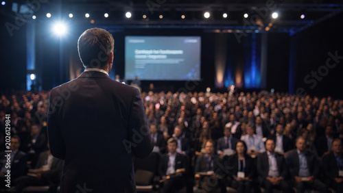 Business leader speaking on stage at large corporate conference