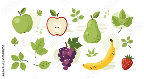 Fresh Fruit and Green Leaves Illustration.