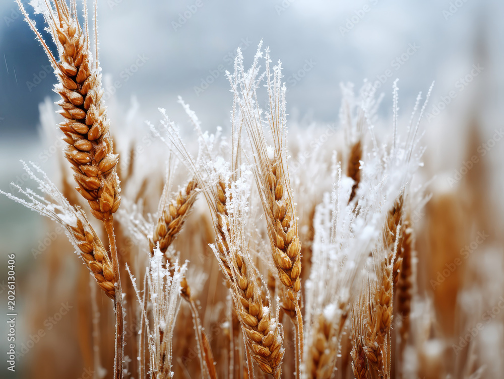 Fototapeta premium Close-up of golden wheat heads covered with delicate frost against soft blurred natural background