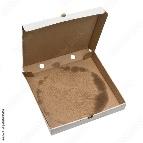 Tableau sur toile Empty greasy pizza box with oil stains and food marks isolated