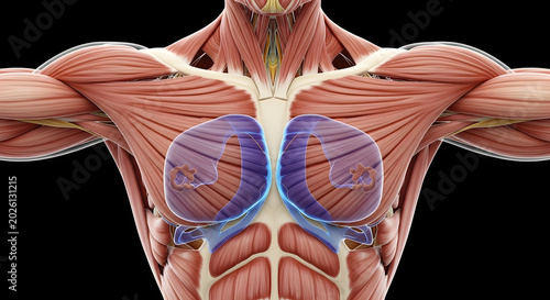 Fotografie Anatomical illustration of human chest showing pectoral muscles and diaphragm