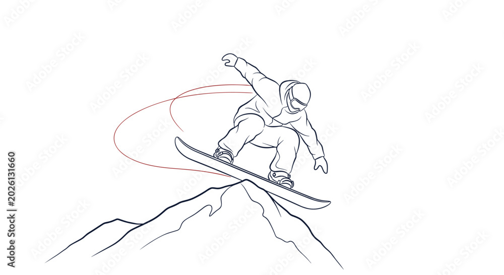 Fototapeta premium A continuous line drawing of an expert snowboarder in mid-air executing a trick after jumping from a snowy mountain peak, conveying motion and extreme winter sports.
