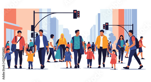 A diverse crowd of multicultural pedestrians, including families with young children, walking across a busy city street on a crosswalk with a modern cityscape behind them.