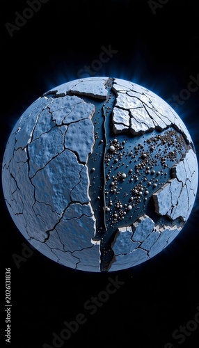 Cracked Icy Planet with Glowing Blue Light and Metallic Spheres