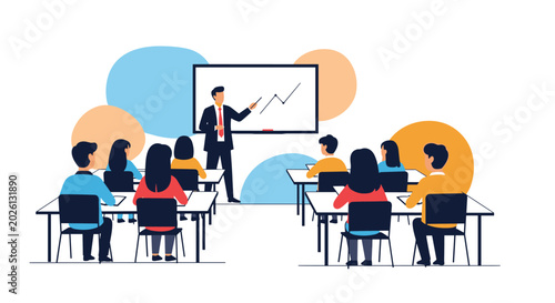 A male professor in a suit giving a presentation with a rising graph on a whiteboard to an engaged class of adult students.