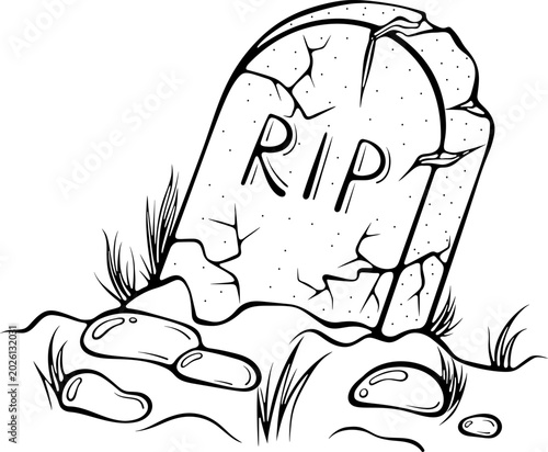 Old cracked leaning gravestone buried in ground. For halloween decor, coloring page, poster, spooky cartoon design. Vector illustration in hand drawn doodle sketch style. Line art isolated on white
