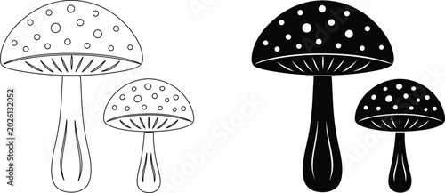 Foto Amanita muscaria mushroom graphics featuring fly agaric outline and silhouette collection