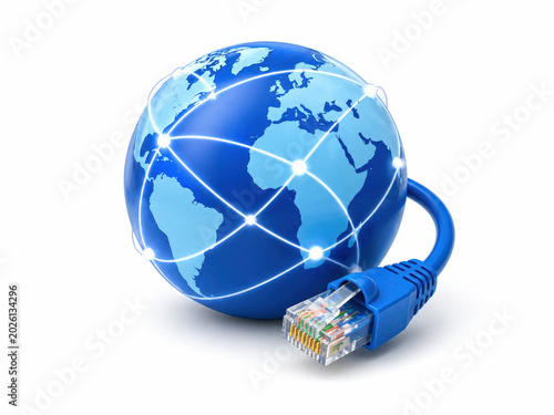Globe with network connections and ethernet cable isolated on white background, global internet, data transfer and digital technology concept