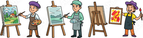 Obraz na płótnie Cartoon Artist Character Set with Easels Paint Brushes Canvas Palette and Creati
