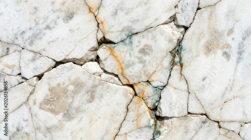 Cracked white marble slab with veins close up texture