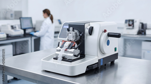 Advanced medical laboratory equipment with a tissue processor on a stainless steel table and scientist.