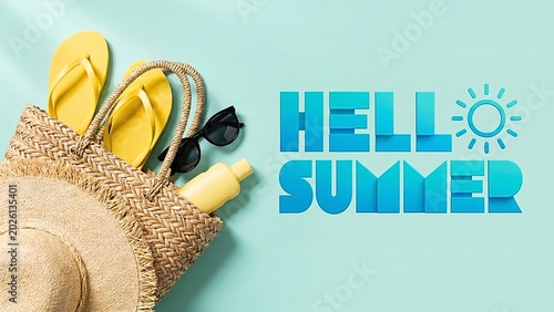 Bright 'Hello Summer' banner with beach essentials straw bag, hat, flip-flops, sunglasses, and sunscreen, artfully arranged on a cheerful blue background
