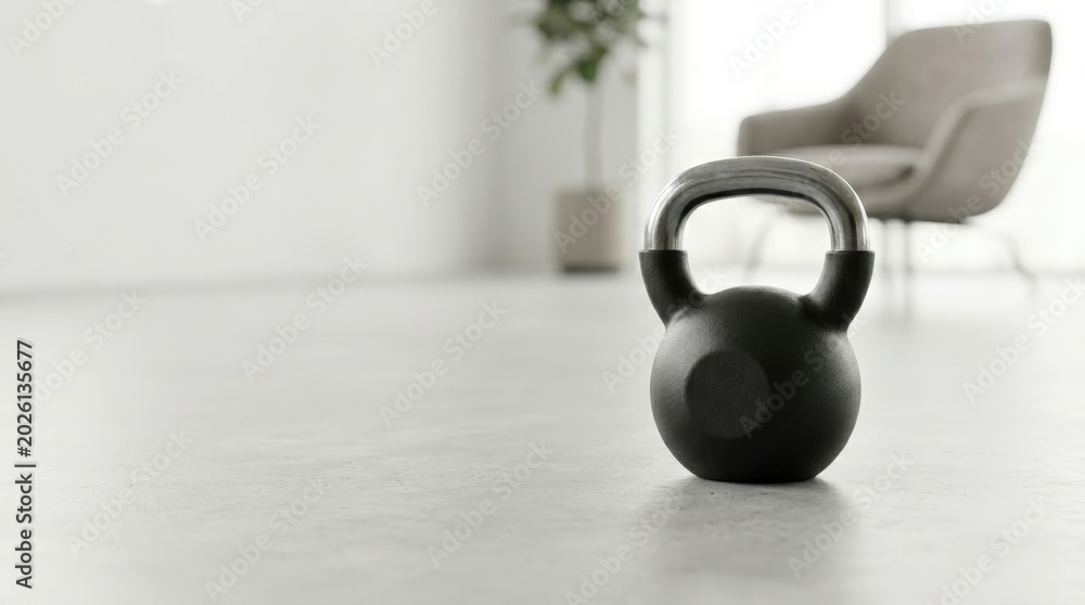 Obraz premium Black kettlebell on polished floor in modern office lounge