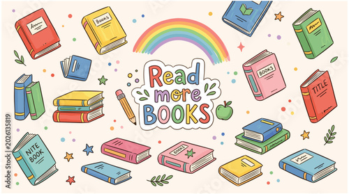 Tableau sur toile Colorful books and rainbow illustration with read more books text