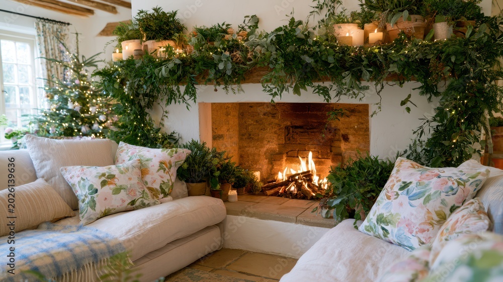 Fototapeta premium Cozy Christmas living room with fireplace, Christmas tree, and festive greenery