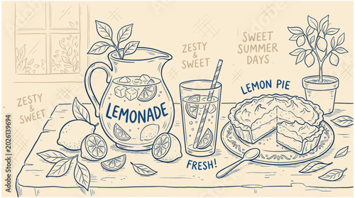 Konstfotografi Lemonade pitcher with pie and glasses on table indoors