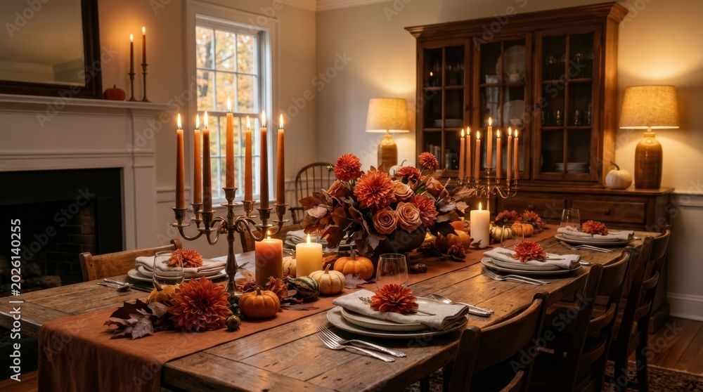 Fototapeta premium Elegant Thanksgiving Table Setting with Candles and Autumn Flowers