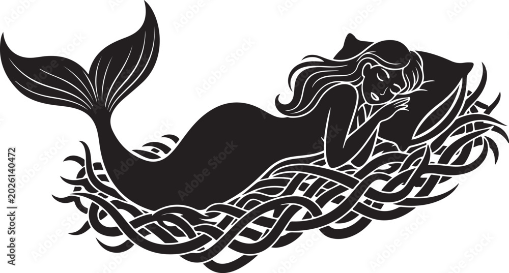Fototapeta premium Mermaid lying on waves with long hair and tail fins swimming in ocean water